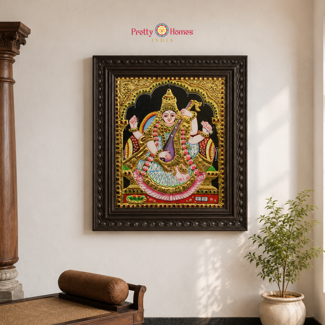Chola-Style Goddess Saraswati Tanjore in Real Gold
