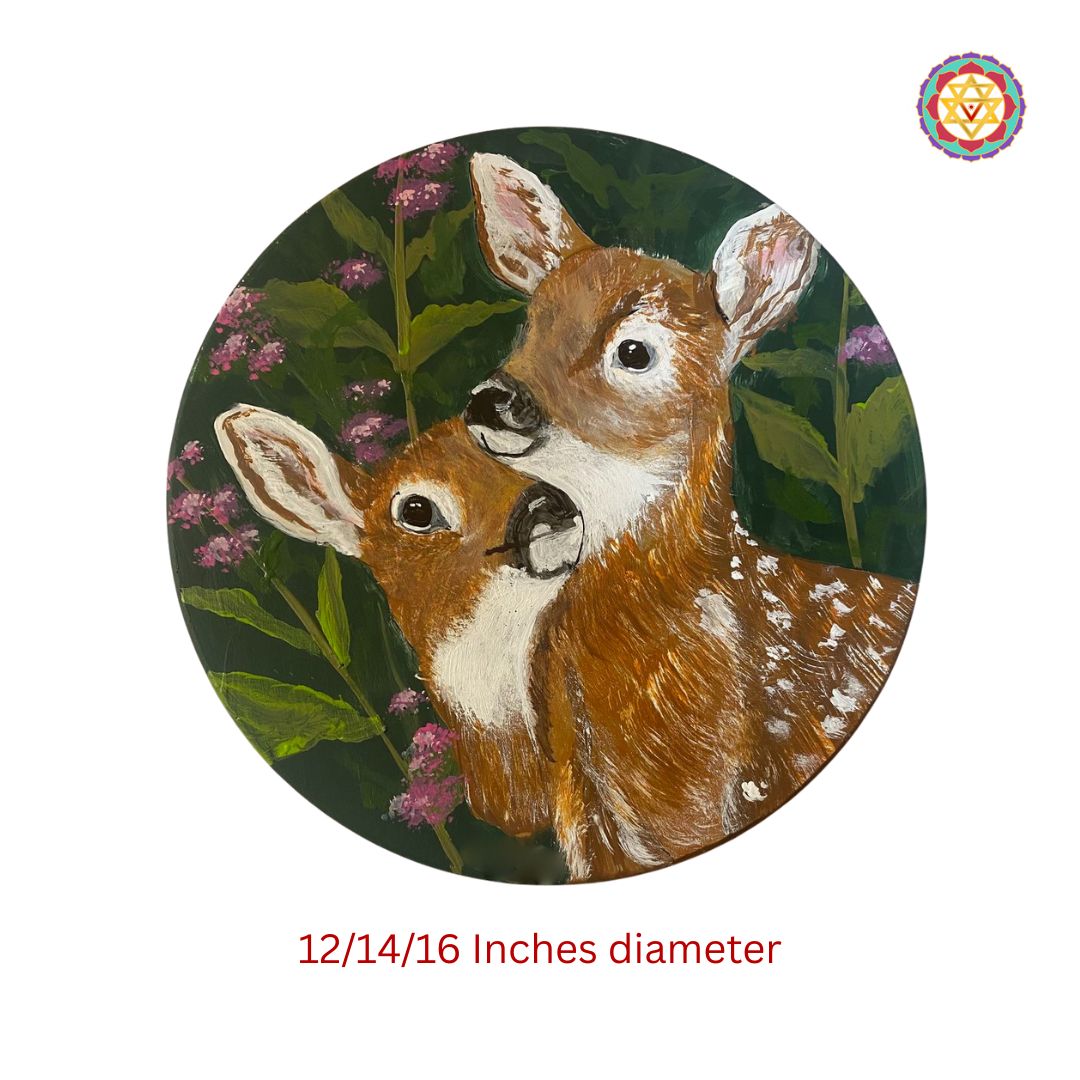 hand painted wall plate mother deer with fawn close up showing delicate linework and finish