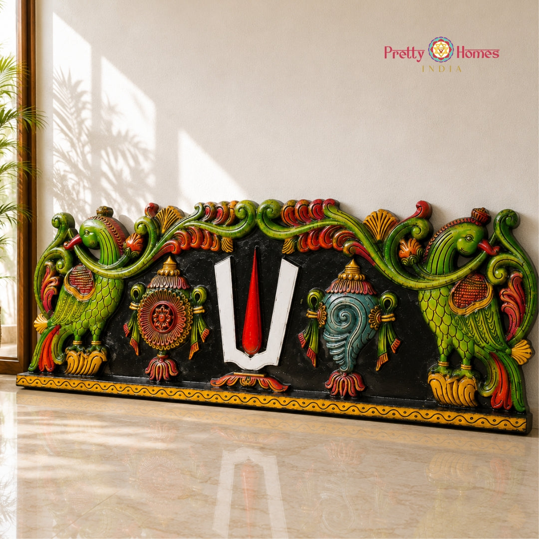 Wood-Carved Shankh Chakra Namam Panel with Elephants and Birds