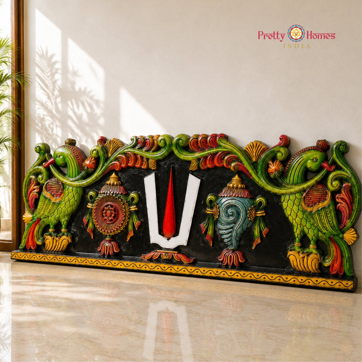 Wood-Carved Shankh Chakra Namam Panel with Elephants and Birds