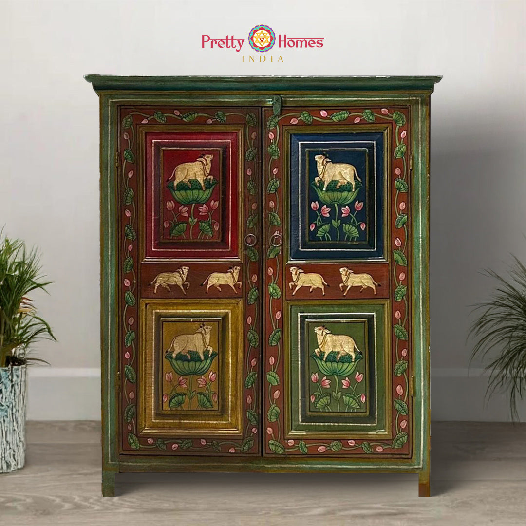 wooden hand-painted side cabinet with pichwai style artwork