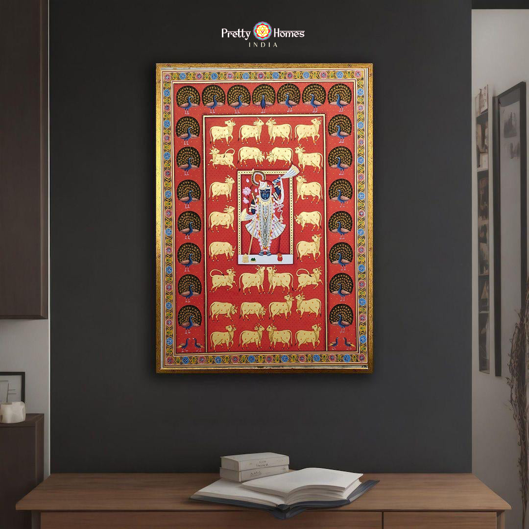 Front view of Shreenathji Pichwai painting with cows showing temple-style golden border and detailed backdrop