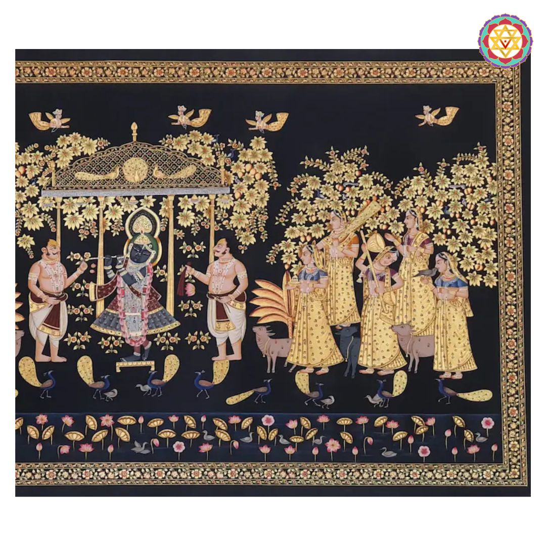Horizontal Handpainted Pichwai – Musical Gopikas with Worshippers