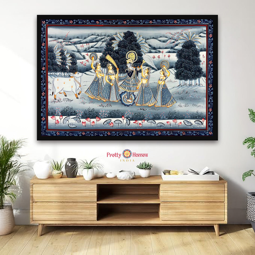 monochrome krishna pichwai full scene with krishna and gopikas