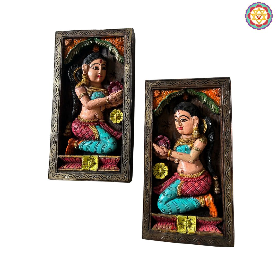 colourful vertical woodcarved Deepalaxmi /deeplaxmi wall frames-set of 2