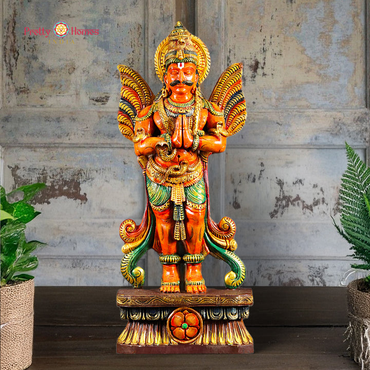 Woodcarved Standing Garuda Statue with Folded Hands