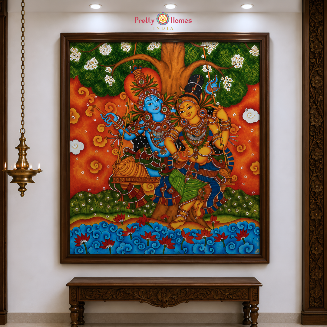 Kerala Mural Handpainting – Radha Krishna on Swing