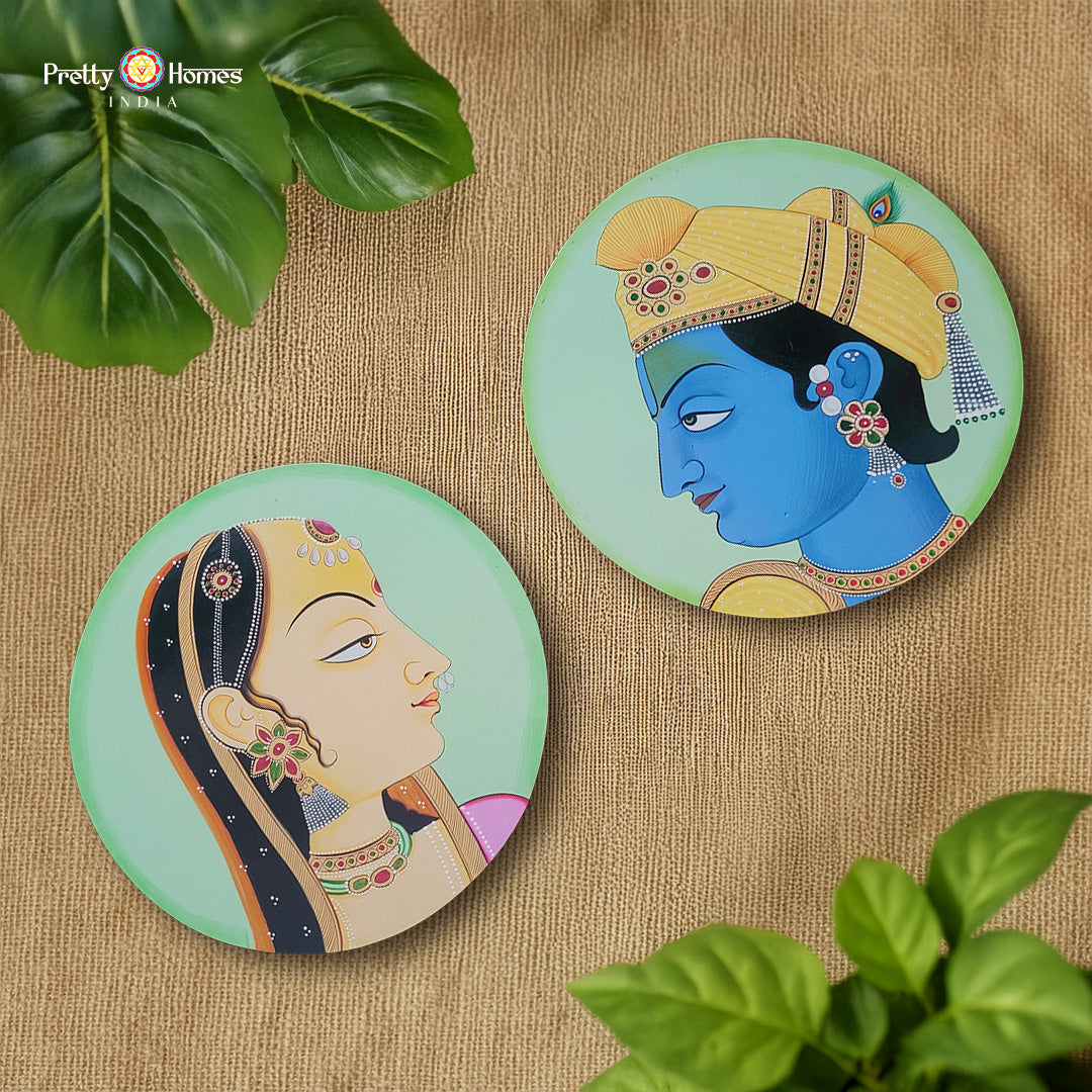 handpainted radha krishna pichwai wall plates set of two