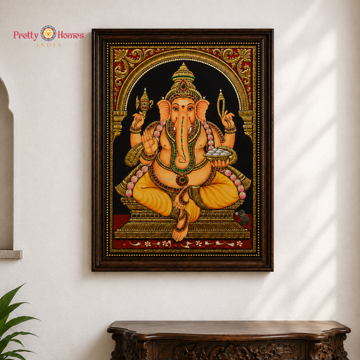 Aesthetic Lord Ganesha with Chettinad Pillars Tanjore in Real Gold