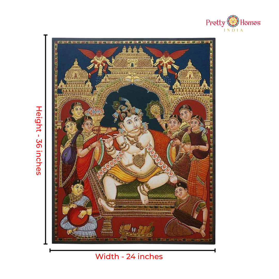 Intricate Vintage Chettinad-Style Flute Krishna Tanjore