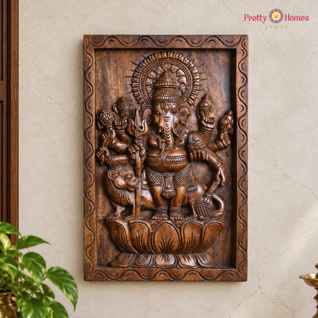 Hand-Carved Wooden Drishti Ganesha Wall Panel
