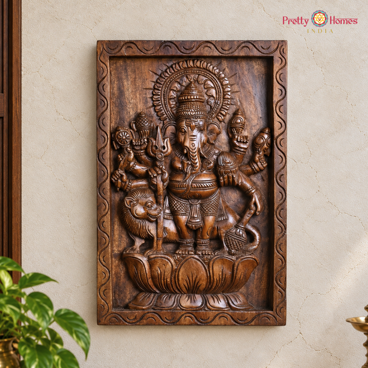 Hand-Carved Wooden Drishti Ganesha Wall Panel