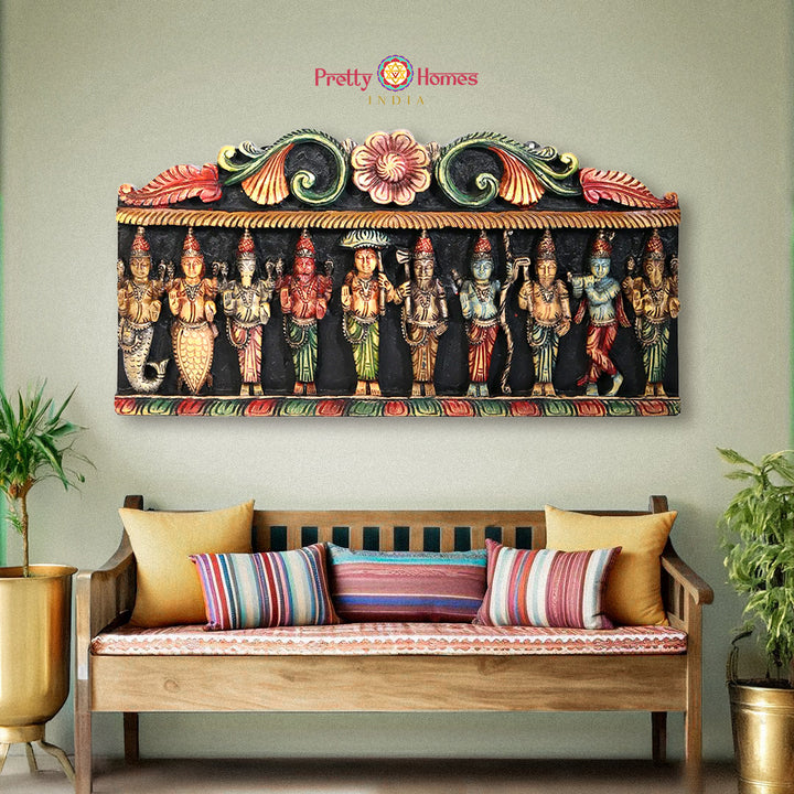 Multicolour woodcarved dasavtaram with floral carvings wall panel /wall mount