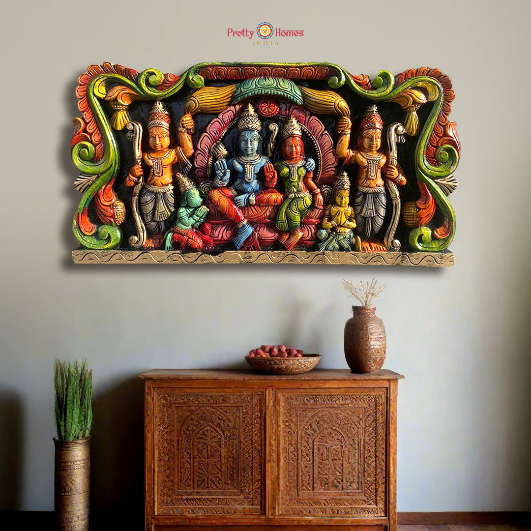Hand-carved 24-inch Ram Darbar horizontal wooden wall panel full view