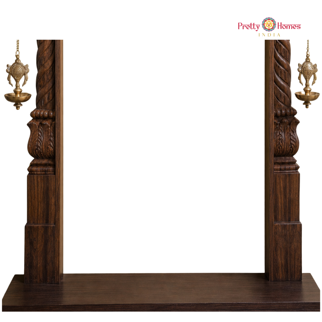 Wood-Carved Chettinad Gopuram with Lotus Half Pillars