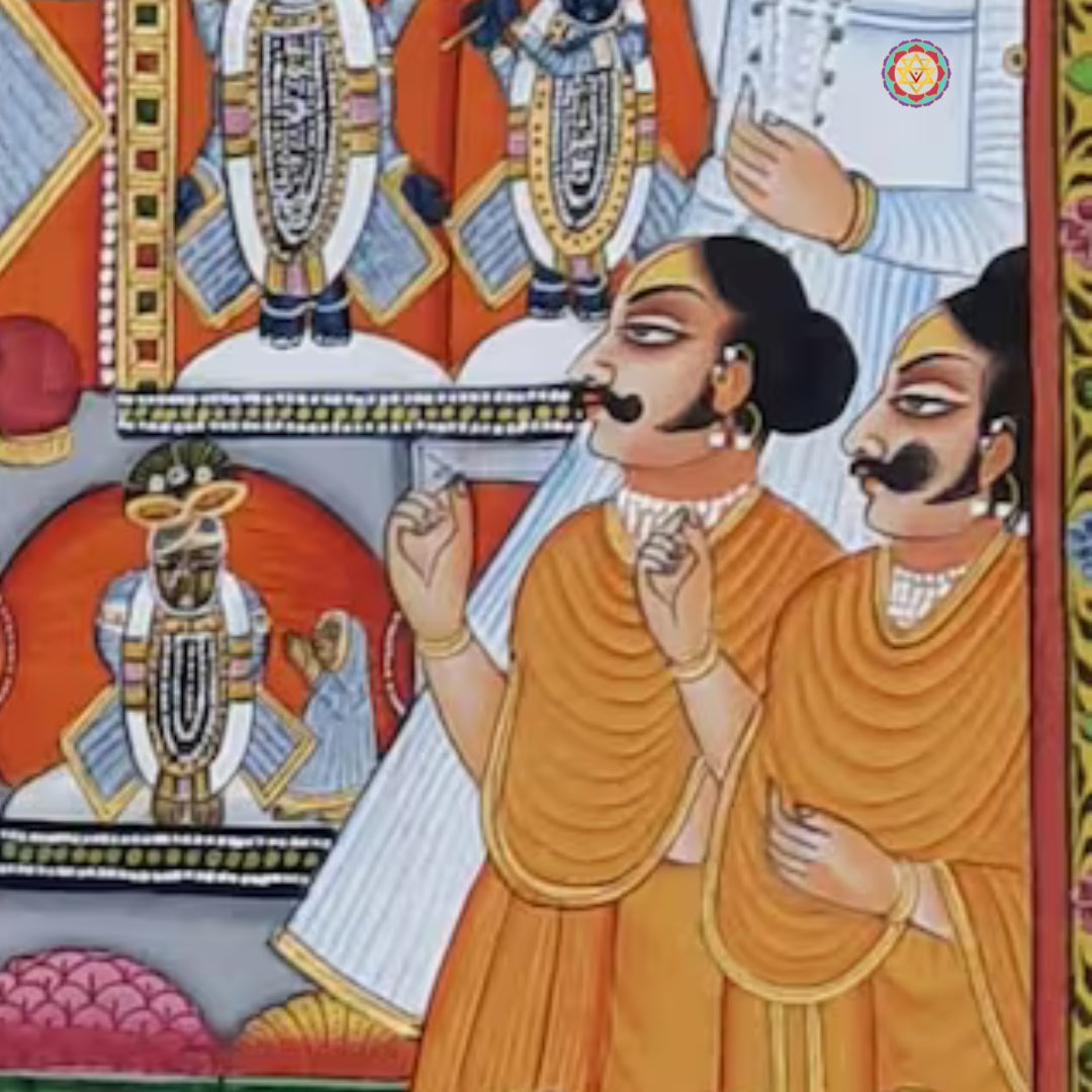 Pichwai close-up of devotees in orange robes worshipping shrine with miniature deity panels and ritual offerings