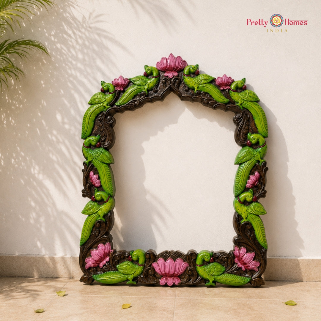 Woodcarved Parrot & Lotus Mirror Frame