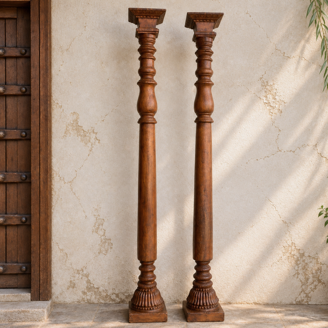 Woodcarved Pillars with Broad Base(Pair)