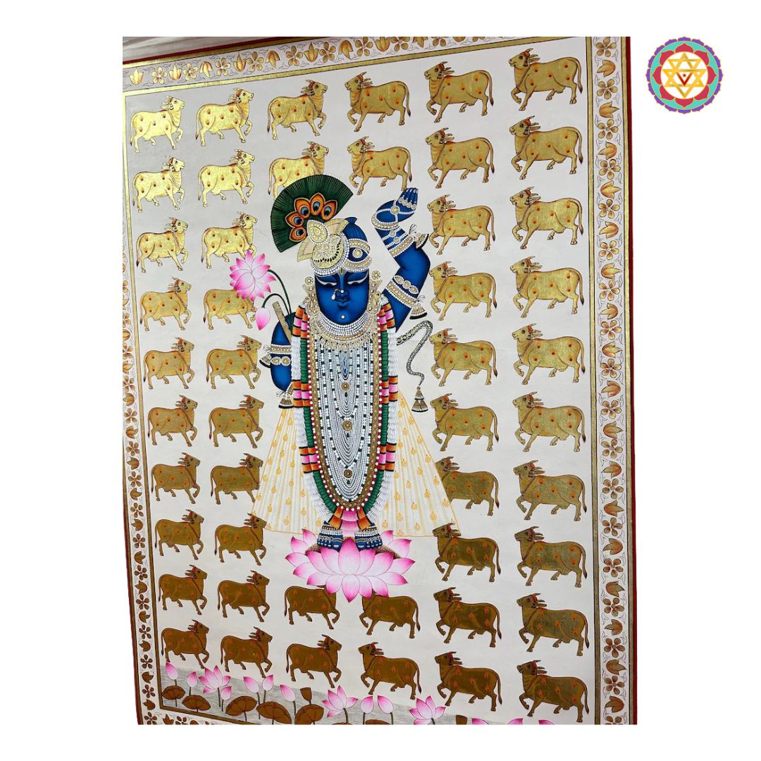 Handpainted pichwai-Shrinathji Darshan – Pichwai with Golden Cows