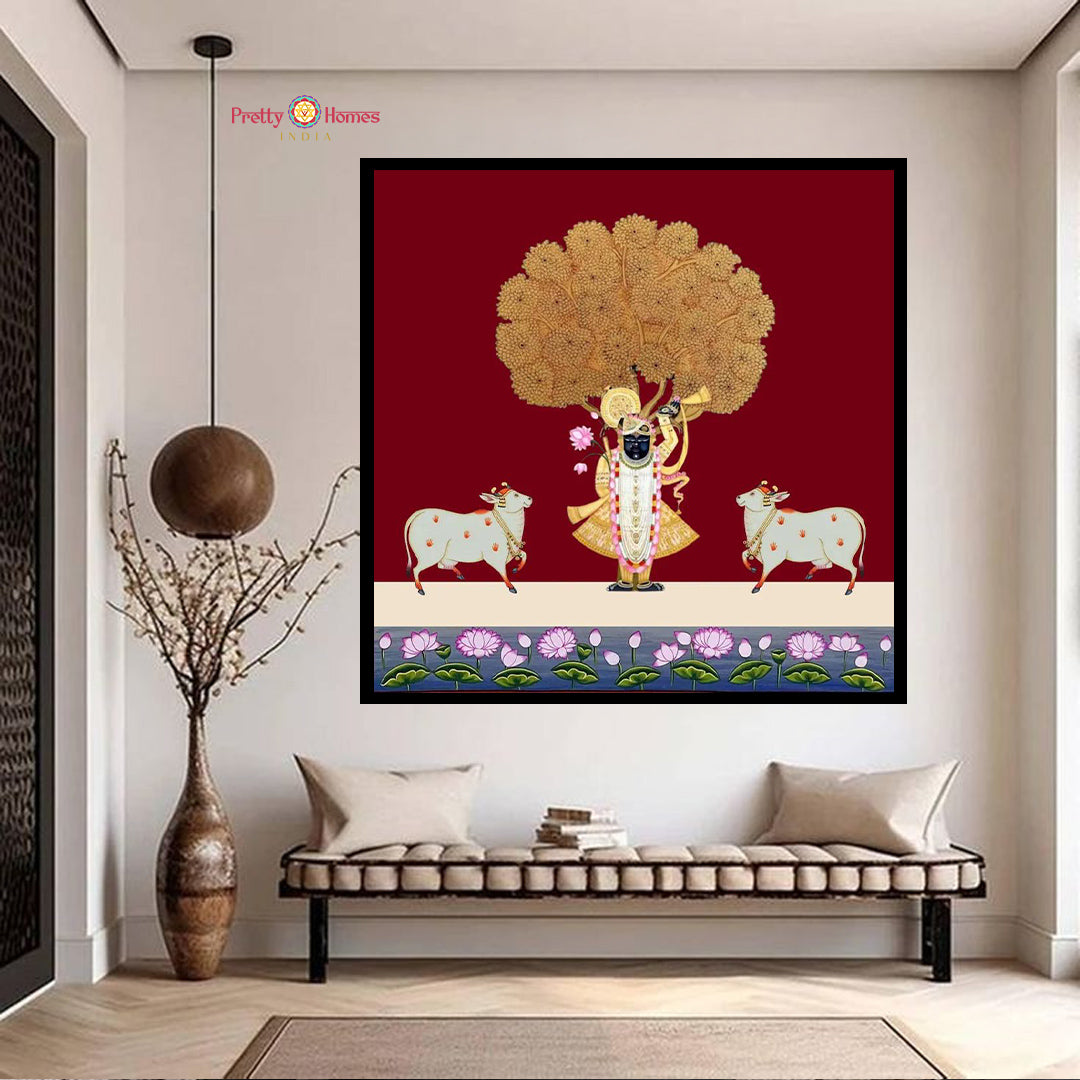 shreenathji pichwai painting with cows under tree of life
