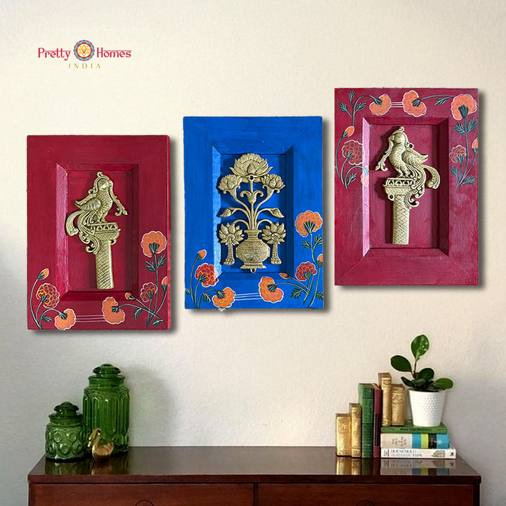Set of 3 Brass Annapakshis & Vase | Handpainted Artistic Wall Décor (Single)