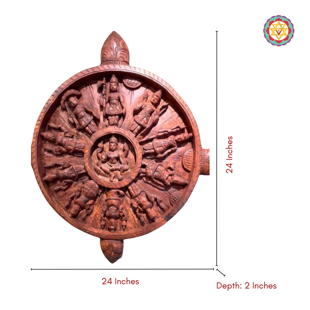 Dimensions of 24-inch round Indian mythological wood wall hanging