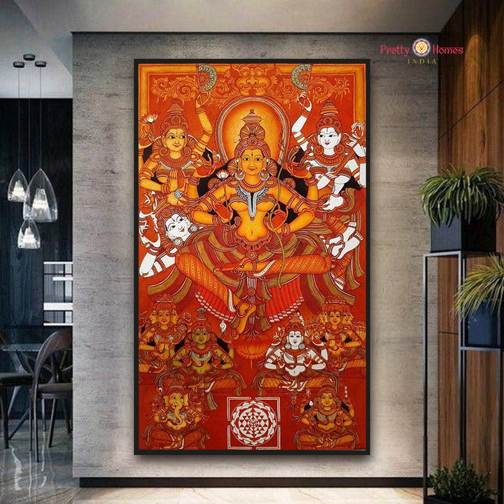 Kerala Mural Style Tripura Sundari (Rajrajeshwari) Painting – Divine Feminine with Celestial Deitie