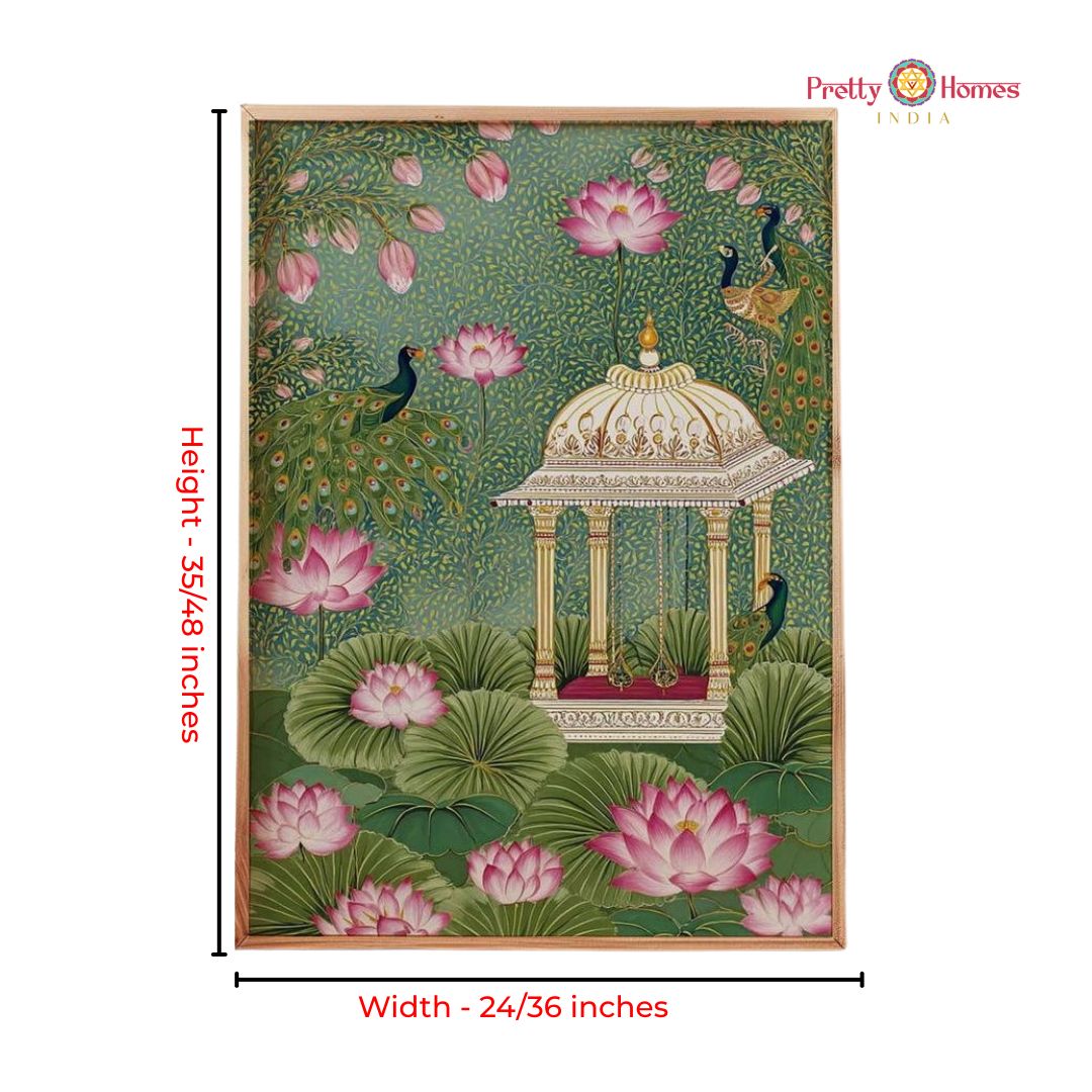 Handpainted Pichwai – Garden Scene with Jharokhas & Lotuses