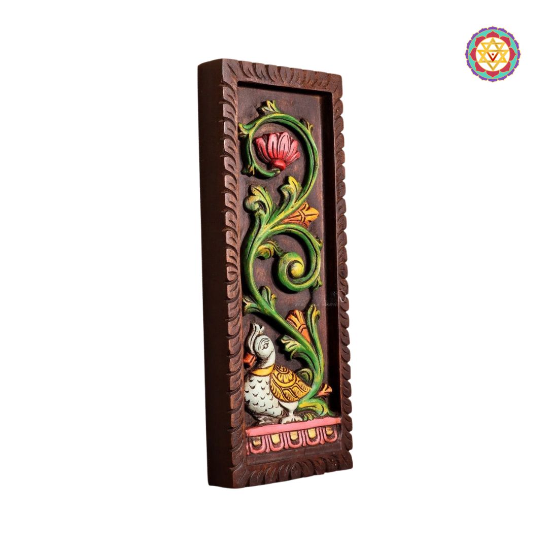 wood carved vertical annapakshi annam with lotus and vines texture shot showing wood grain and finish