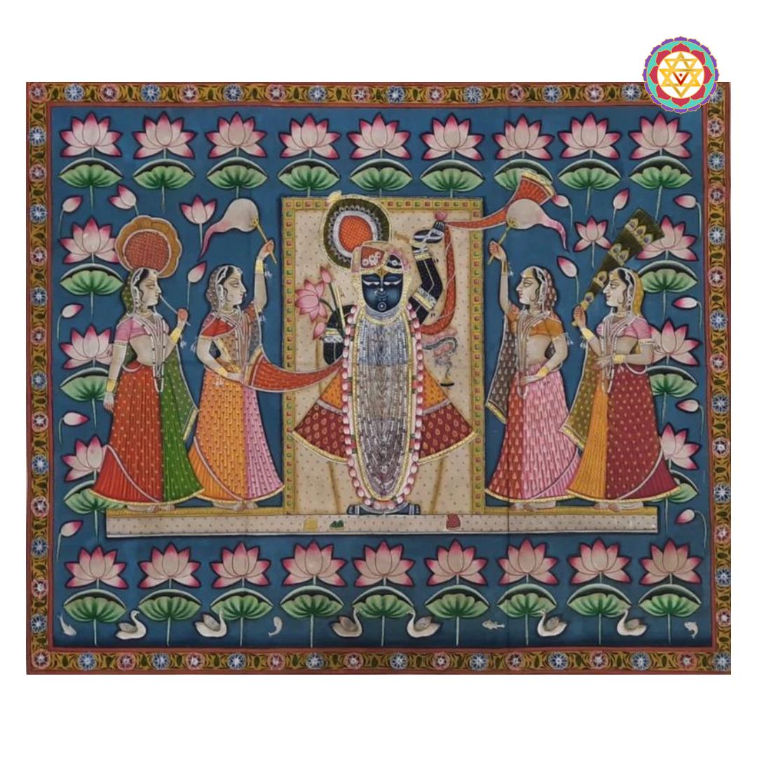 Close-up of Gopis and Shrinathji in Sharad Poornima pichwai, surrounded by pink lotuses.