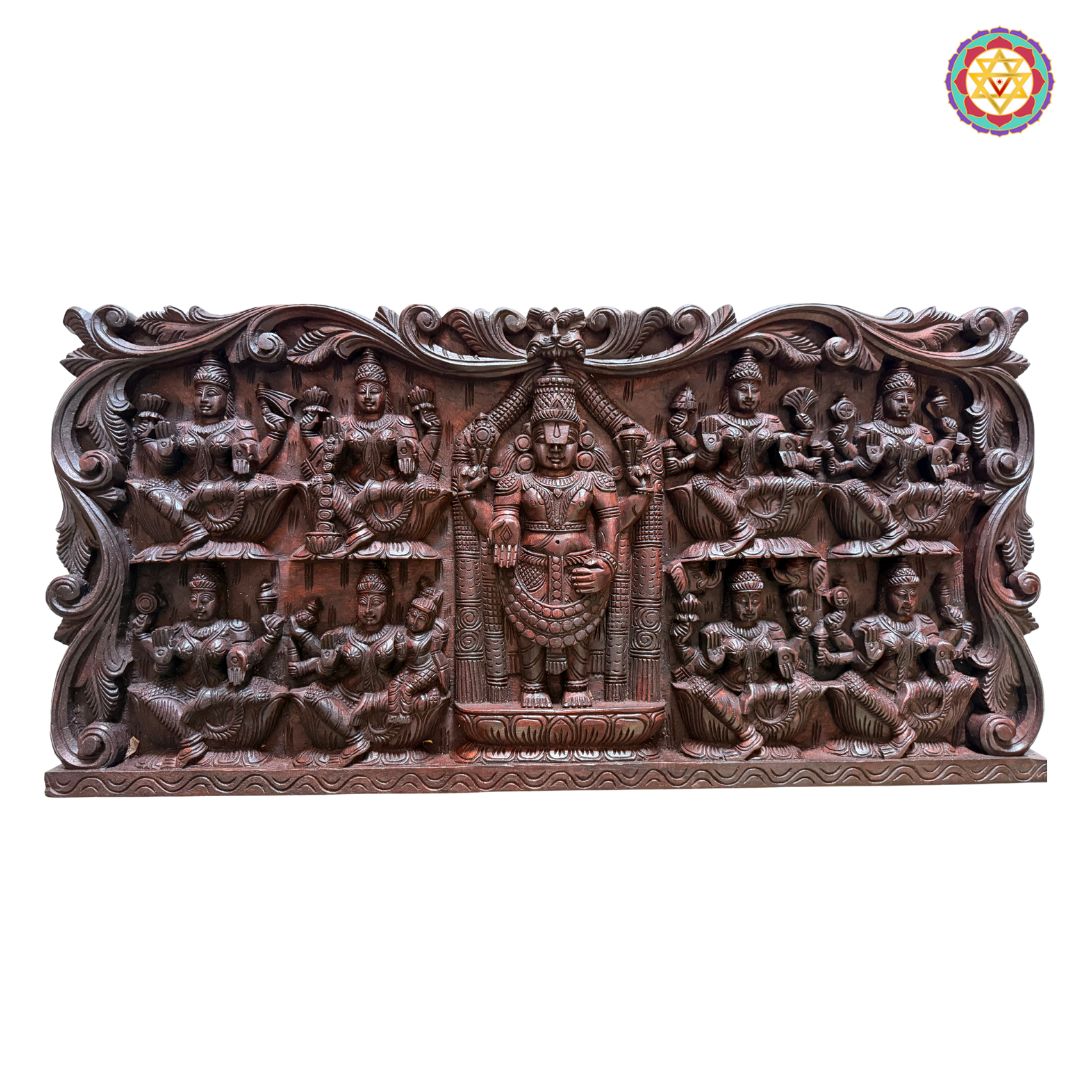 Hand-carved horizontal Ashtalakshmi panel with Balaji full view