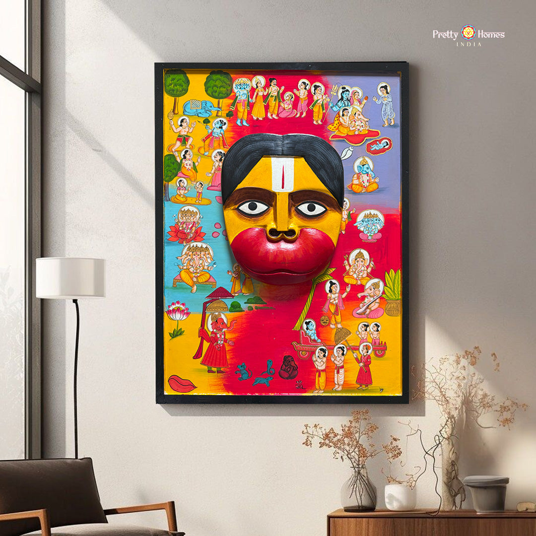 3D Hand-Carved Wooden Hanumanji – Indian Vintage Style Mythological painting frame