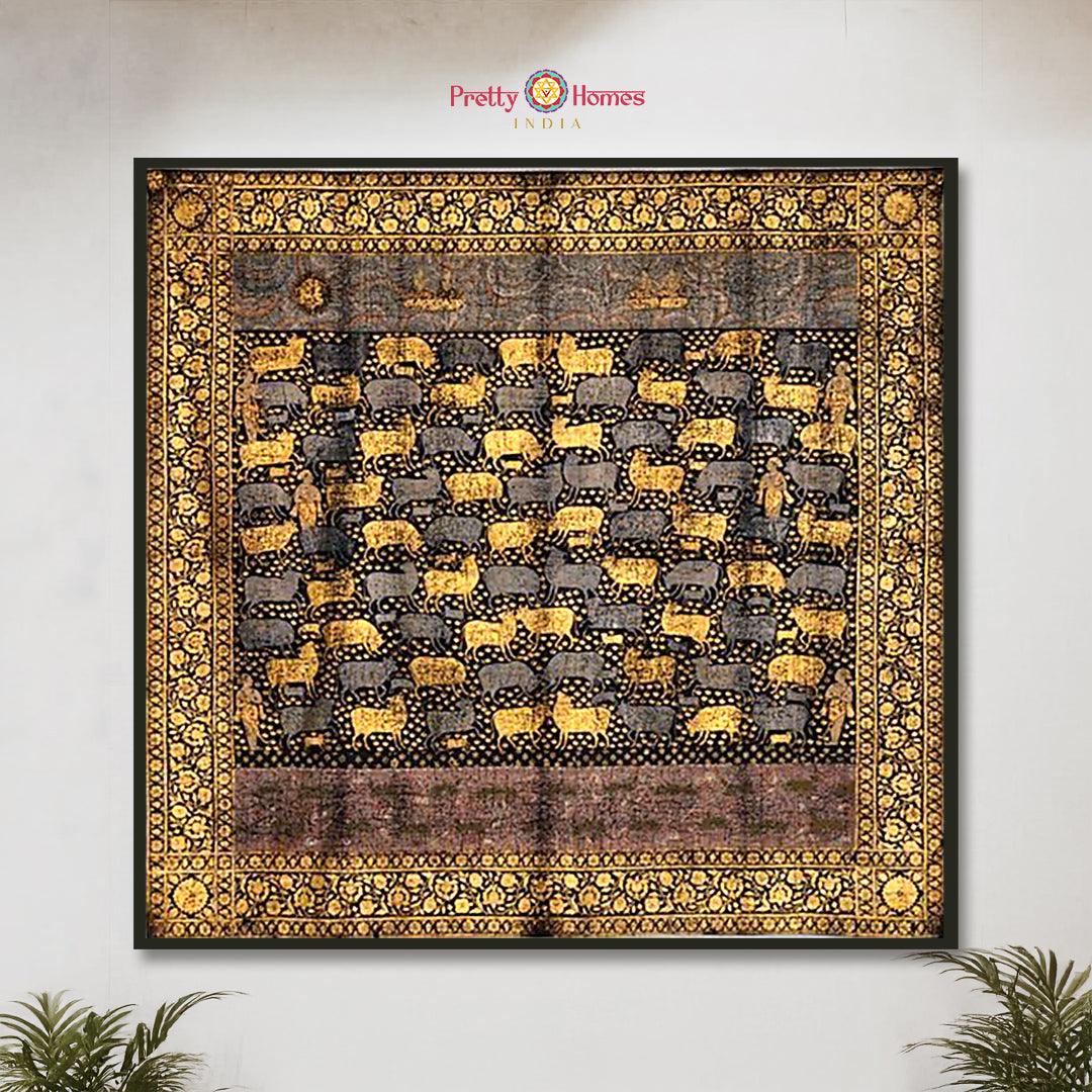 handpainted antique style pichwai cows with intricate border close-up of cow figures and antique finish details