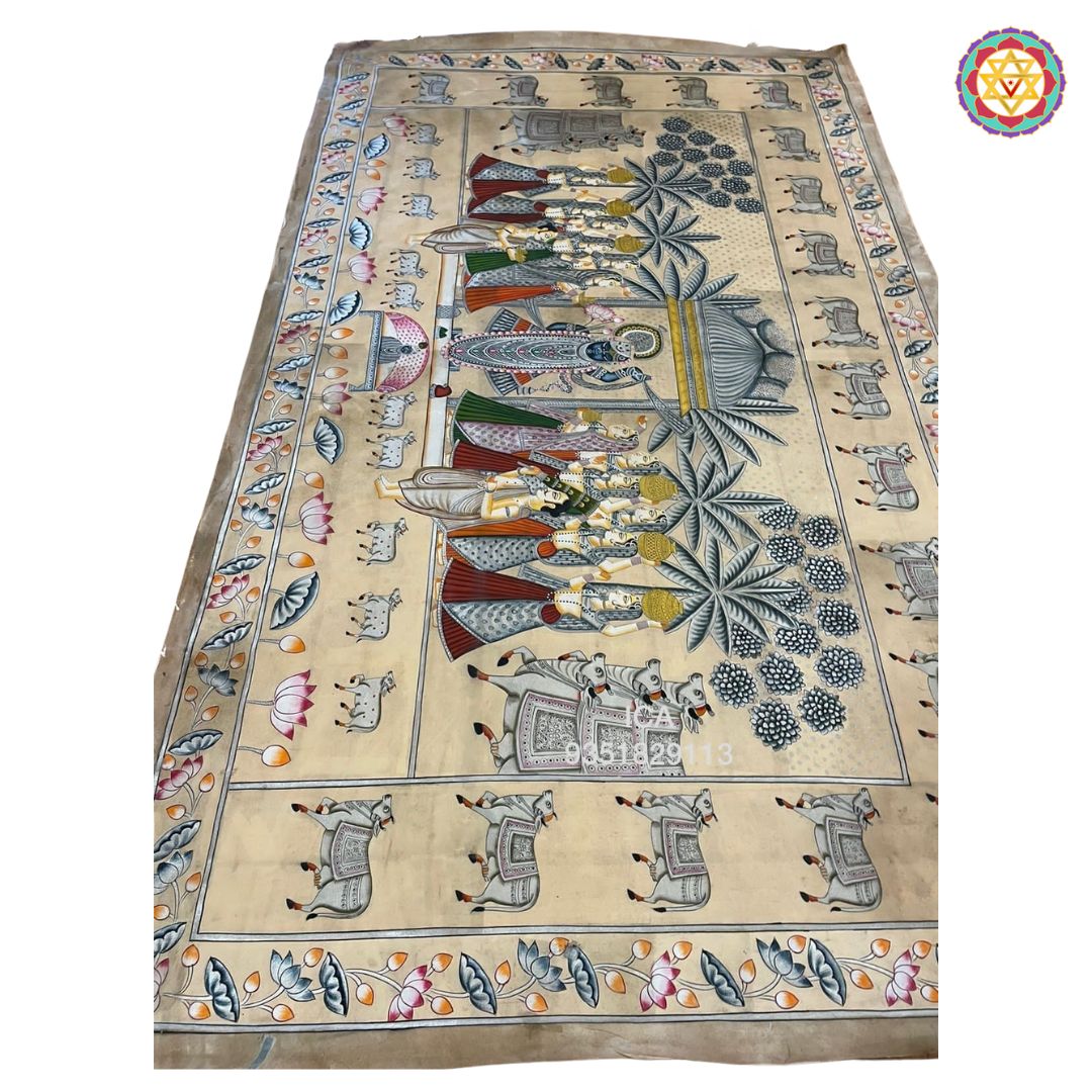horizontal vintage finish handpainted pichwai rajbhog swaroop angled shot highlighting intricate border work and aged patina finish