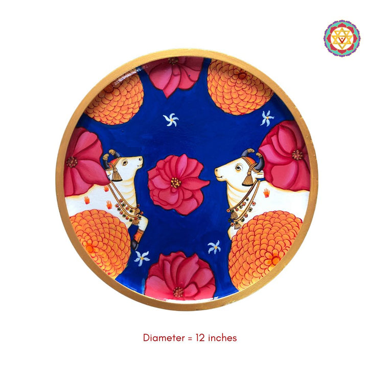 Pichwai -handpainted wall plate - cows with marigold and magnolias (Single)