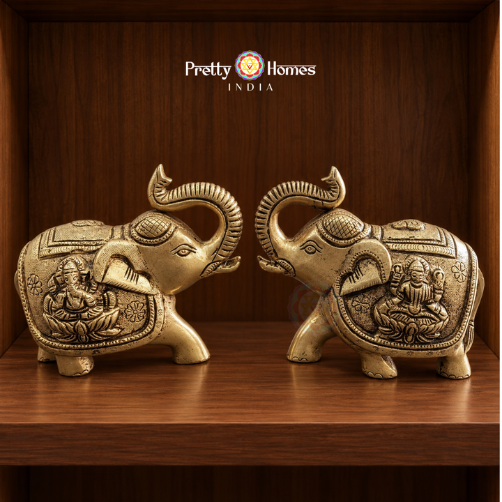 Pair -Brass Trunk-Up Elephants with Ganesha & Lakshmi