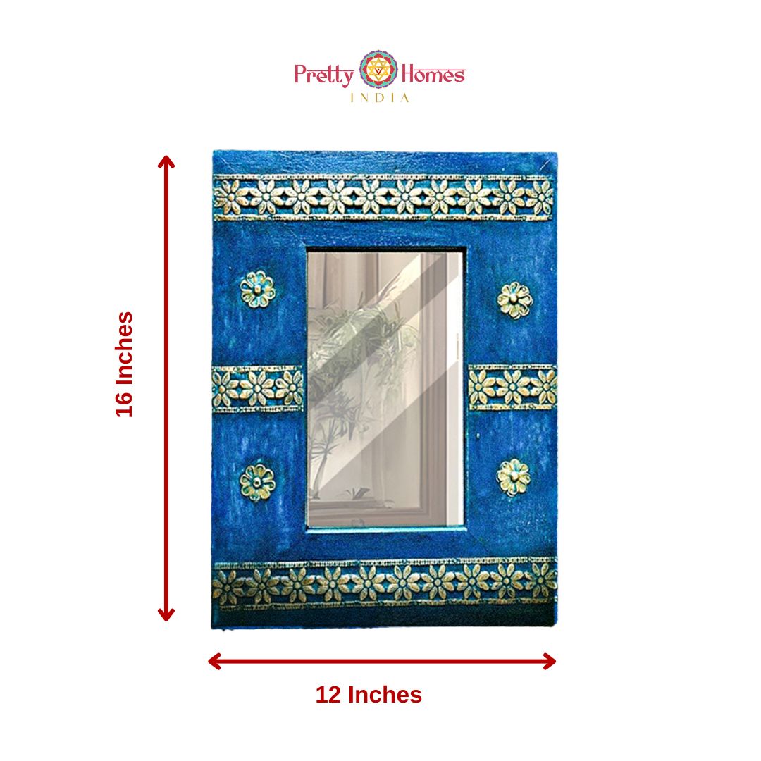 Blue vintage-style wooden mirror with brass inlay – 16x12 inches