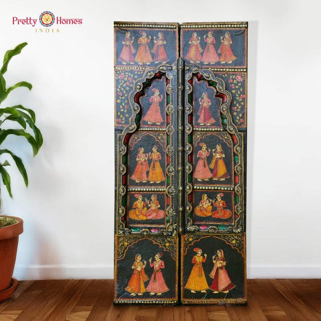 Hand-painted ethnic wooden door with figurative temple art