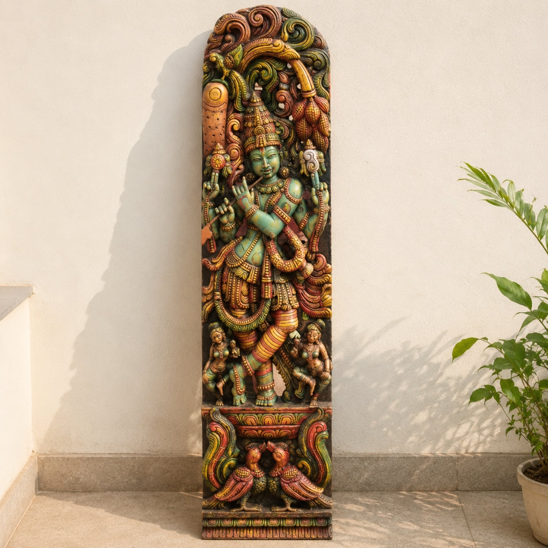 Gopal Krishna Canopy Panel – Handcarved Wooden Wall Art