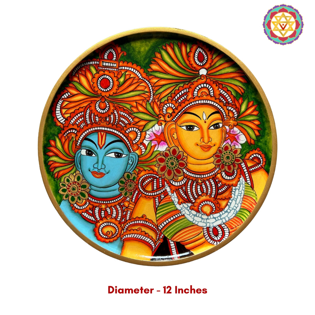 Colorful mural-style Radha Krishna wall art on wooden base for home décor
