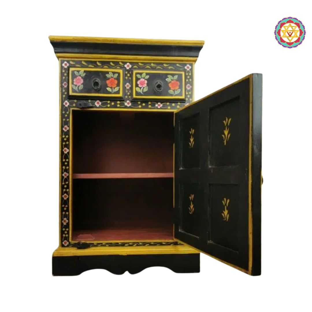 close-up of artistic patterns on hand-painted bedside unit