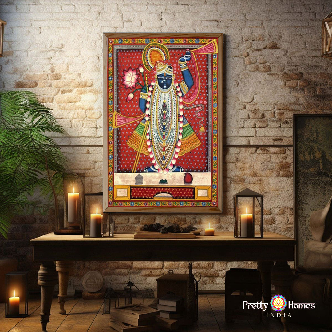 Handpainted Shrinathji Pichwai cloth painting — front view with temple motifs and gold embellishments for mandir decor.