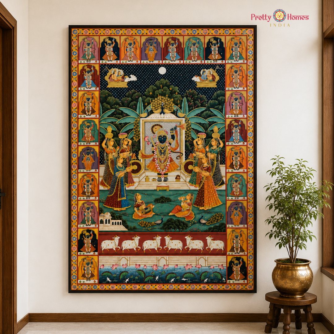 Hand-painted Pichwai – Sharad Purnima with Shrinathji & Musical Gopikas