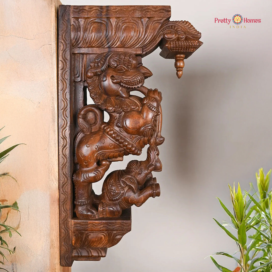 24 inch Yali elephant wooden wall bracket with handcarved teak polish