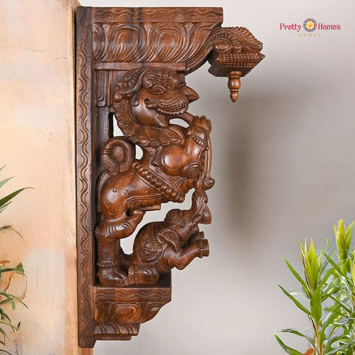 24 inch Yali elephant wooden wall bracket with handcarved teak polish