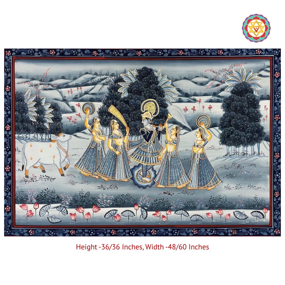 Horizontal Monochrome Krishna Pichwai – Krishna & Gopikas in Forest
