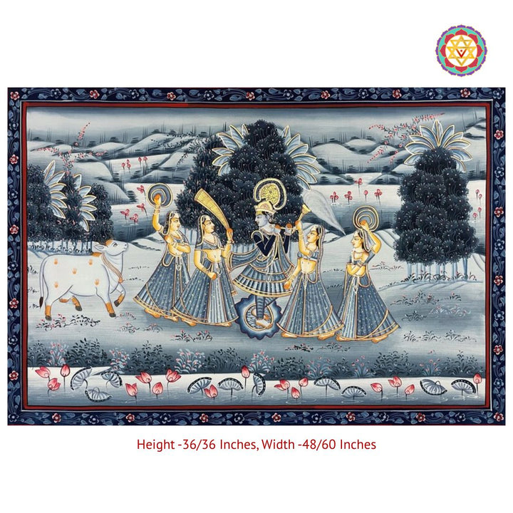 Horizontal Monochrome Krishna Pichwai – Krishna & Gopikas in Forest