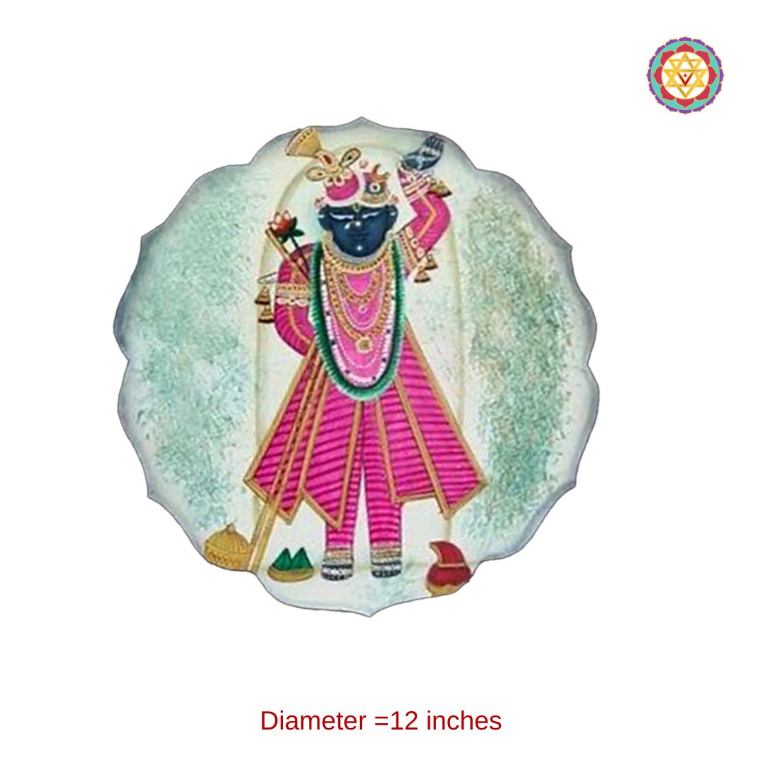 petal-shaped hand-painted shrinathji pichwai wall plate showing detailed deity artwork and ornate border