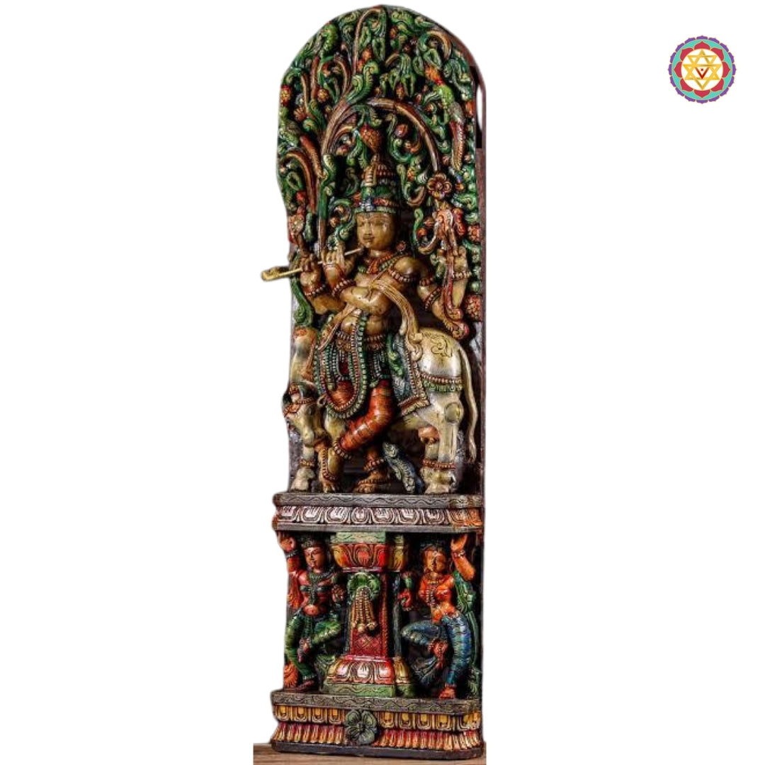 Handcarved Wooden Gopal Krishna Panel Canopy  Sculpture with Playful Cow and Two Gopis.