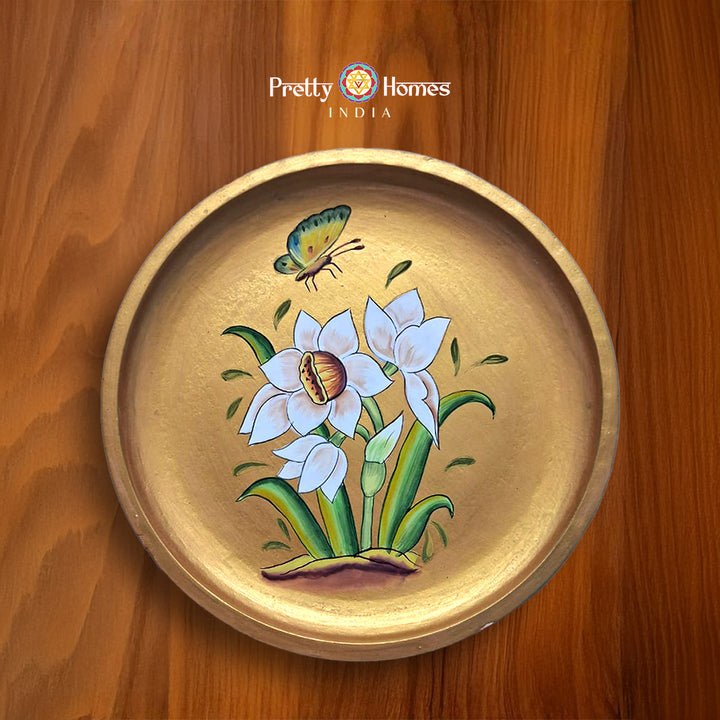 Hand-painted wall plate with white lilies, pichwai design art.